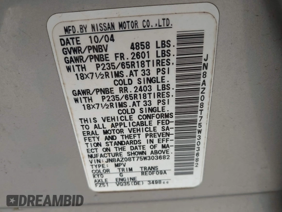 2005 Nissan Murano SL z VIN JN8AZ08T75W303682, wystawiony jako IAAI lot #42107611 z przebiegiem 161 340 mil mil oraz . Historia ofert i sprzedaży dostępna na DreamBid. Obrazek 9.
