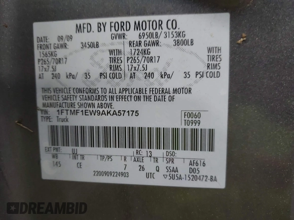 2010 Ford F-150 XL with VIN 1FTMF1EW9AKA57175, listed as a IAAI auction lot 42636902 with 85,165 mi miles and . Bid and sale history available at DreamBid. Image 9.