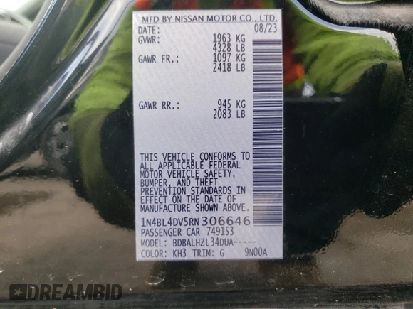 2024 Nissan Altima 2.5 SV with VIN 1N4BL4DV5RN306646, listed as a Copart auction lot 53910185 with 39,094 mi miles and Salvage Title. Bid and sale history available at carsss.com. Image 12.