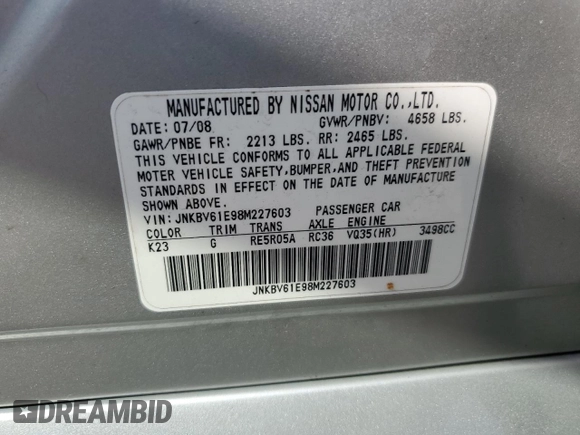 2008 Infiniti G35 Journey with VIN JNKBV61E98M227603, listed as a Copart auction lot 70249264 with 183,216 mi miles and Salvage Title. Bid and sale history available at DreamBid. Image 15.