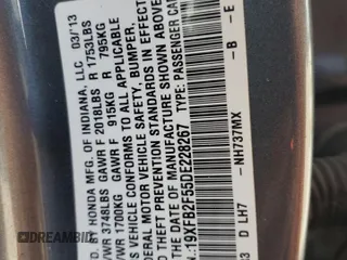 2013 Honda Civic LX with VIN 19XFB2F55DE228267, listed as a Copart auction lot 49819905 with 161,563 mi miles and Salvage Title. Bid and sale history available at DreamBid. Image 13.