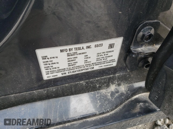 2023 Tesla Model S Plaid with VIN 5YJSA1E63PF507138, listed as a Copart auction lot 55510335 with Not provided miles and Salvage title. Bid and sale history available at DreamBid. Image 12.