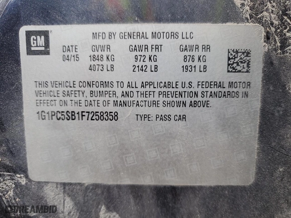 2015 Chevrolet Cruze LT with VIN 1G1PC5SB1F7258358, listed as a Copart auction lot 45280075 with 256,586 mi miles and Salvage Title. Bid and sale history available at carsss.com. Image 13.