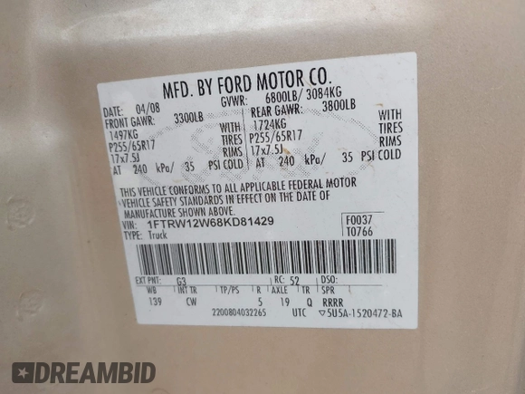 2008 Ford F-150 XL with VIN 1FTRW12W68KD81429, listed as a IAAI auction lot 42467701 with 196,433 mi miles and . Bid and sale history available at DreamBid. Image 9.