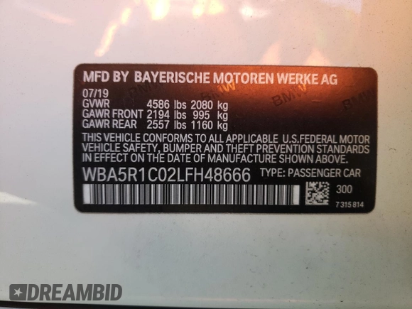 2020 BMW 3 Series 330i with VIN WBA5R1C02LFH48666, listed as a Copart auction lot 67959402 with 57,074 mi miles. Bid and sale history available at carsss.com. Image 13.