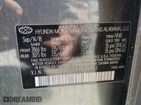 2019 Hyundai Santa Fe Limited with VIN 5NMS53AD6KH039661, listed as a Copart auction lot 49843095 with 0 mi miles and Salvage Title. Bid and sale history available at carsss.com. Image 15.