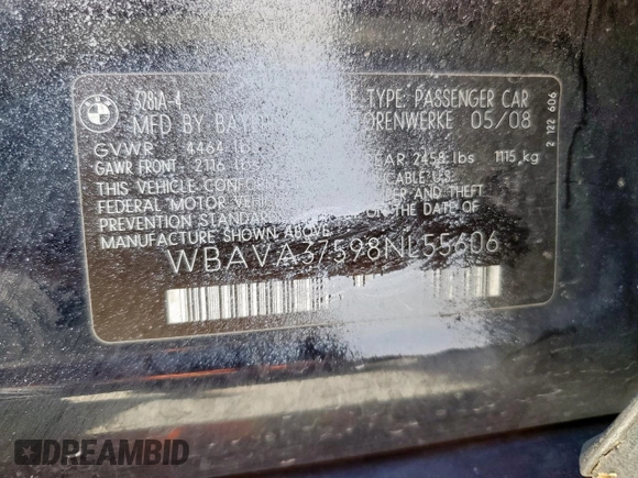 2008 BMW 3 Series 328i with VIN WBAVA37598NL55606, listed as a Copart auction lot 58257725 with 143,619 mi miles and Salvage title. Bid and sale history available at DreamBid. Image 12.