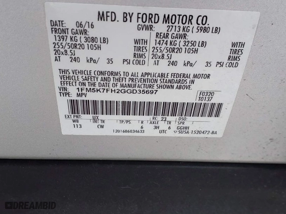2016 Ford Explorer Limited with VIN 1FM5K7FH2GGD35697, listed as a IAAI auction lot 41626109 with 145,593 mi miles. Bid and sale history available at carsss.com. Image 9.