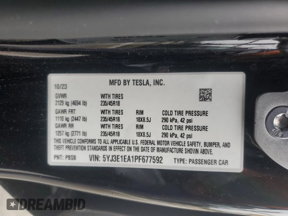 2023 Tesla Model 3 with VIN 5YJ3E1EA1PF677592, listed as a Copart auction lot 47621875 with 12,247 mi miles and Salvage Title. Bid and sale history available at DreamBid. Image 14.