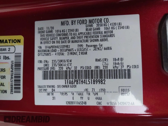 2020 Ford Mustang EcoBoost with VIN 1FA6P8TH4L5189982, listed as a IAAI auction lot 42065871 with 67,942 mi miles. Bid and sale history available at carsss.com. Image 9.