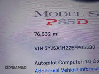 2014 Tesla Model S P85D with VIN 5YJSA1H22EFP65530, listed as a IAAI auction lot 41959941 with 76,532 mi miles and . Bid and sale history available at DreamBid. Image 15.