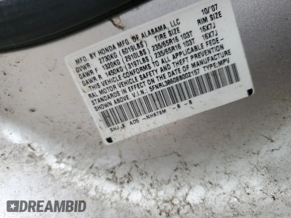 2008 Honda Odyssey EX-L with VIN 5FNRL38608B002157, listed as a Copart auction lot 55074735 with 205,611 mi miles and Non Repairable. Bid and sale history available at DreamBid. Image 13.