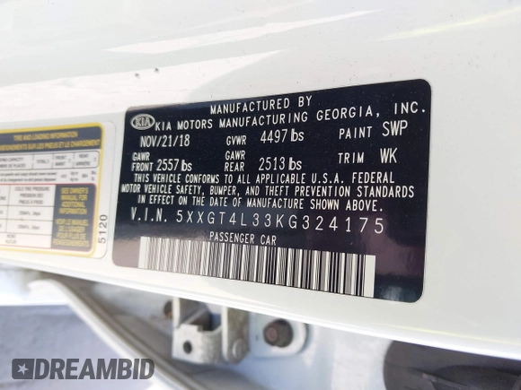 2019 Kia Optima LX with VIN 5XXGT4L33KG324175, listed as a IAAI auction lot 42139795 with 105,273 mi miles. Bid and sale history available at carsss.com. Image 9.