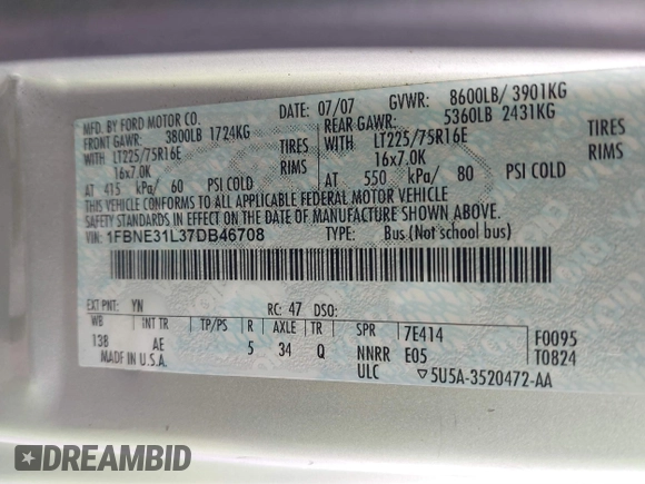 2007 Ford Econoline Passenger XL with VIN 1FBNE31L37DB46708, listed as a IAAI auction lot 41364840 with 268,211 mi miles. Bid and sale history available at carsss.com. Image 9.