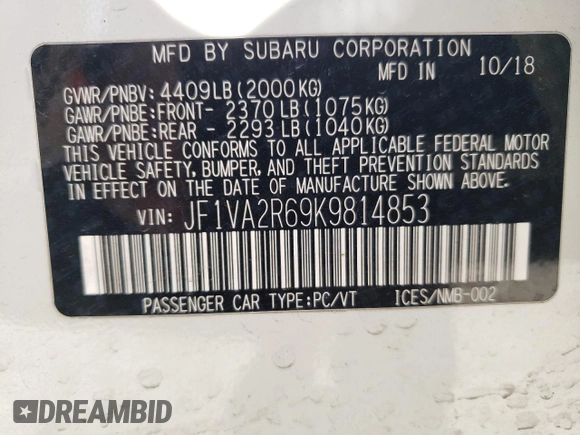 2019 Subaru WRX STI with VIN JF1VA2R69K9814853, listed as a Copart auction lot 48538665 with 97,417 mi miles and Salvage title. Bid and sale history available at DreamBid. Image 12.