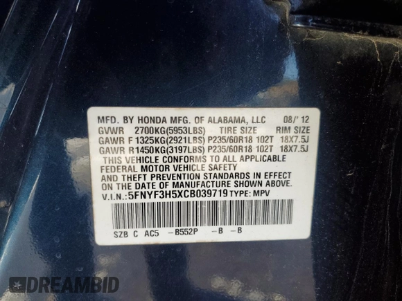 2012 Honda Pilot EX-L with VIN 5FNYF3H5XCB039719, listed as a Copart auction lot 87688785 with 237,769 mi miles and Salvage Title. Bid and sale history available at DreamBid. Image 14.