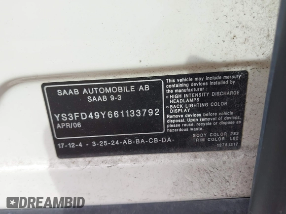 2006 Saab 9-3 z VIN YS3FD49Y661133792, wystawiony jako IAAI lot #41776125 z przebiegiem 122 093 mil mil oraz . Historia ofert i sprzedaży dostępna na DreamBid. Obrazek 9.