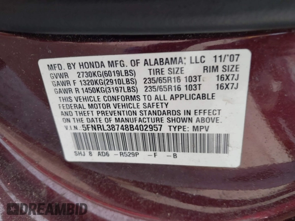 2008 Honda Odyssey EX-L with VIN 5FNRL38748B402957, listed as a IAAI auction lot 42092761 with 142,927 mi miles. Bid and sale history available at carsss.com. Image 9.