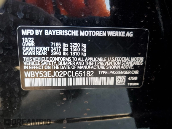 2023 BMW i7 xDrive60 z VIN WBY53EJ02PCL65182, wystawiony jako Copart lot #75177134 z przebiegiem 14 777 mil mil oraz Nie do naprawy. Historia ofert i sprzedaży dostępna na DreamBid. Obrazek 13.
