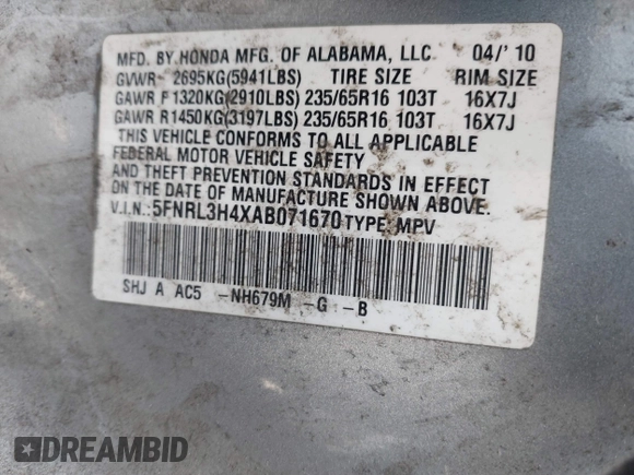 2010 Honda Odyssey EX с VIN 5FNRL3H4XAB071670, выставлен на аукционе IAAI как лот 42434055 с пробегом 175 012 миль миль и . История ставок и продаж доступна на DreamBid. Изображение 9.