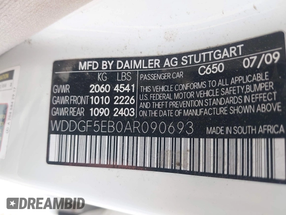2010 Mercedes-Benz C 300 Sport with VIN WDDGF5EB0AR090693, listed as a IAAI auction lot 42583002 with 86,008 mi miles and . Bid and sale history available at DreamBid. Image 9.
