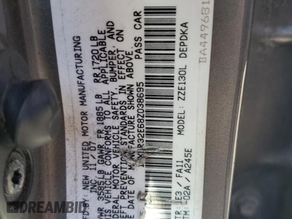 2008 Toyota Corolla CE with VIN 1NXBR32E68Z038695, listed as a Copart auction lot 49188965 with 255,802 mi miles and Salvage Title. Bid and sale history available at DreamBid. Image 12.