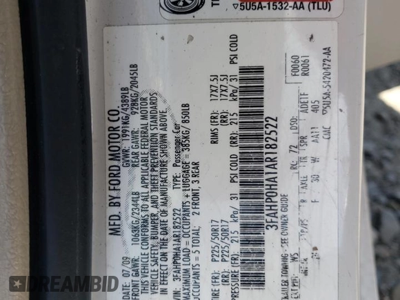 2010 Ford Fusion SE with VIN 3FAHP0HA1AR182522, listed as a Copart auction lot 55133975 with 166,793 mi miles and Salvage Title. Bid and sale history available at DreamBid. Image 12.