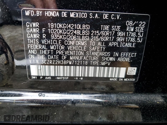 2023 Honda HR-V LX with VIN 3CZRZ2H38PM712118, listed as a Copart auction lot 57176425 with 31,174 mi miles and Salvage title. Bid and sale history available at DreamBid. Image 13.