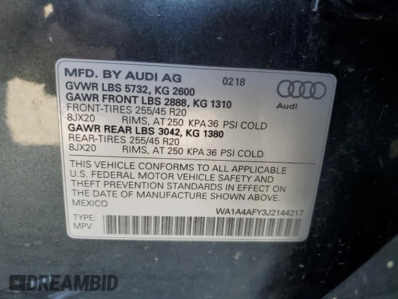 2018 Audi SQ5 Premium Plus with VIN WA1A4AFY3J2144217, listed as a Copart auction lot 70313064 with 63,295 mi miles and Salvage Title. Bid and sale history available at DreamBid. Image 13.