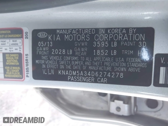 2013 Kia Rio LX with VIN KNADM5A34D6274278, listed as a IAAI auction lot 41810478 with 89,723 mi miles. Bid and sale history available at carsss.com. Image 9.
