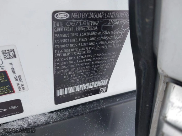 2018 Land Rover Range Rover Autobiography with VIN SALGV2RE9JA513620, listed as a IAAI auction lot 41326068 with NaN miles. Bid and sale history available at carsss.com. Image 9.