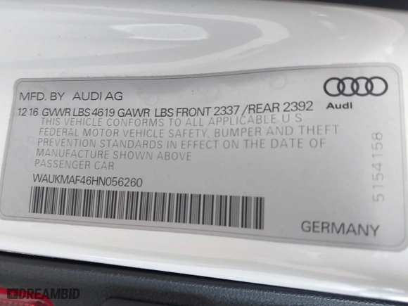 2017 Audi A4 Season of Audi ultra Premium with VIN WAUKMAF46HN056260, listed as a IAAI auction lot 41619499 with 149,635 mi miles. Bid and sale history available at carsss.com. Image 9.