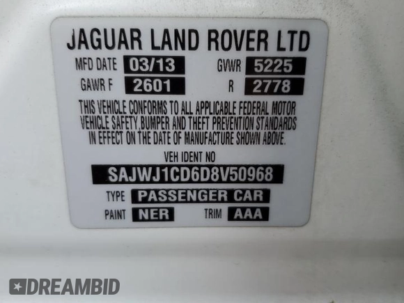 2013 Jaguar XJ with VIN SAJWJ1CD6D8V50968, listed as a Copart auction lot 79880924 with 136,280 mi miles and Salvage Title. Bid and sale history available at carsss.com. Image 12.