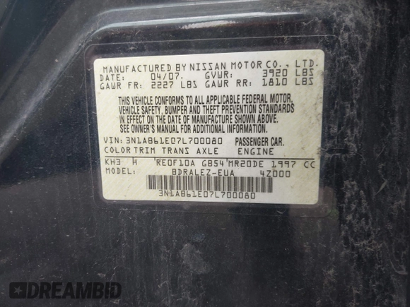 2007 Nissan Sentra 2.0 with VIN 3N1AB61E07L700080, listed as a IAAI auction lot 42176579 with 145,969 mi miles and . Bid and sale history available at DreamBid. Image 9.