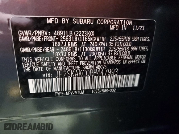 2024 Subaru Forester Limited с VIN JF2SKAKC0RH447993, выставлен на аукционе Copart как лот 56210075 с пробегом 5 496 миль миль и Списание • Salvage title. История ставок и продаж доступна на DreamBid. Изображение 14.