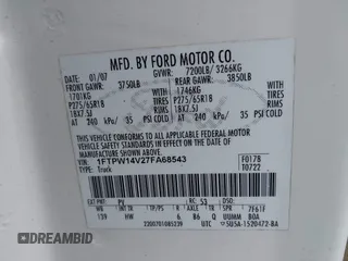 2007 Ford F-150 XLT с VIN 1FTPW14V27FA68543, выставлен на аукционе IAAI как лот 42521774 с пробегом 205 401 миль миль и . История ставок и продаж доступна на DreamBid. Изображение 9.