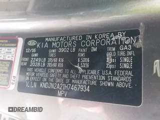 2017 Kia Soul with VIN KNDJN2A21H7467934, listed as a IAAI auction lot 41991845 with 102,027 mi miles. Bid and sale history available at carsss.com. Image 9.