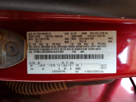 2022 Ford Escape SE with VIN 1FMCU9G68NUA23389, listed as a Copart auction lot 46879105 with 84,449 mi miles and Salvage Title. Bid and sale history available at DreamBid. Image 12.
