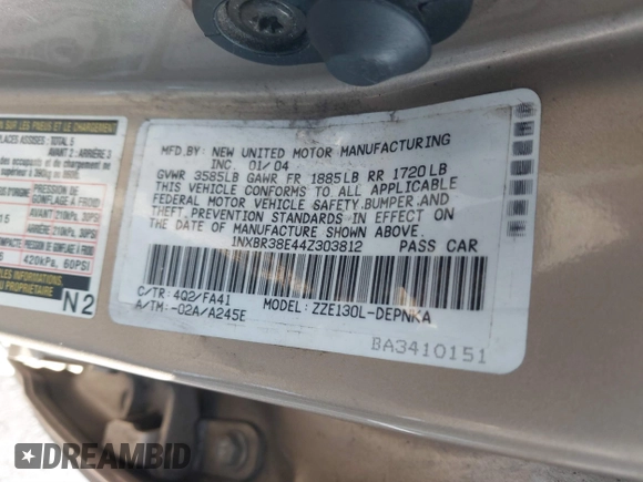 2004 Toyota Corolla CE with VIN 1NXBR38E44Z303812, listed as a IAAI auction lot 41879002 with 299,999 mi miles and . Bid and sale history available at DreamBid. Image 9.