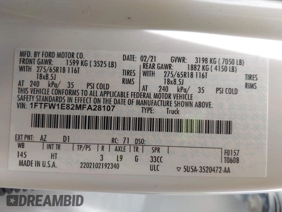 2021 Ford F-150 XL z VIN 1FTFW1E82MFA28107, wystawiony jako IAAI lot #42150129 z przebiegiem 74 496 mil mil oraz . Historia ofert i sprzedaży dostępna na DreamBid. Obrazek 9.