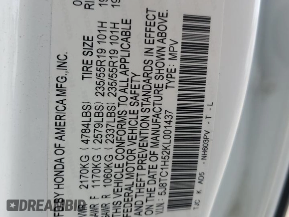2019 Acura RDX w/Technology Pkg with VIN 5J8TC1H52KL001437, listed as a Copart auction lot 45544523 with 51,343 mi miles. Bid and sale history available at carsss.com. Image 15.