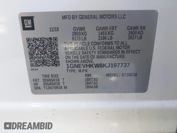 2019 Chevrolet Traverse LT Leather with VIN 1GNEVHKW8KJ197737, listed as a IAAI auction lot 42094562 with 66,831 mi miles. Bid and sale history available at carsss.com. Image 9.