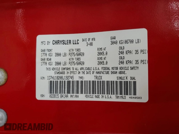 2008 Dodge 1500 ST with VIN 1D7HU18208J192745, listed as a Copart auction lot 45795295 with 201,985 mi miles and Salvage Title. Bid and sale history available at DreamBid. Image 12.