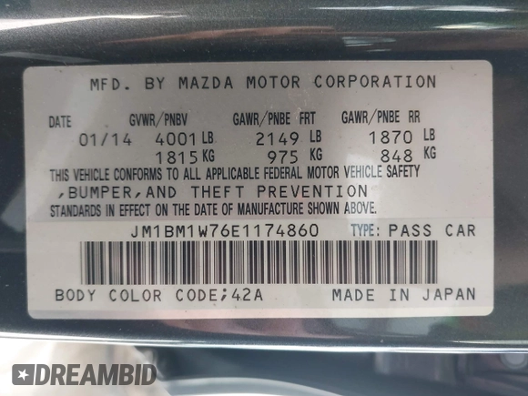 2014 Mazda 3 i Grand Touring with VIN JM1BM1W76E1174860, listed as a IAAI auction lot 42095053 with 44,727 mi miles and . Bid and sale history available at DreamBid. Image 9.