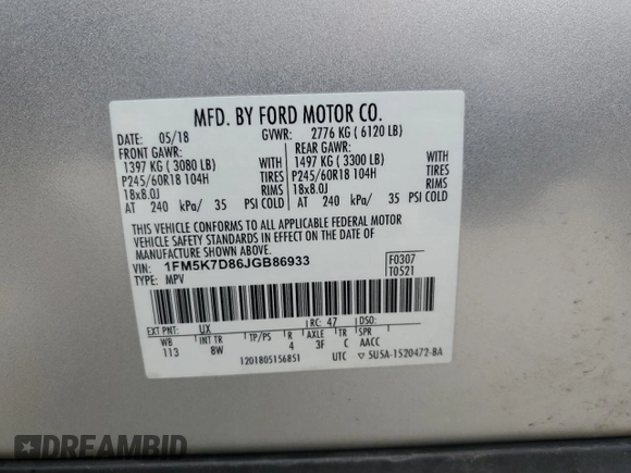 2018 Ford Explorer XLT с VIN 1FM5K7D86JGB86933, выставлен на аукционе Copart как лот 57239325 с пробегом 72 409 миль миль и Списание • Salvage title. История ставок и продаж доступна на DreamBid. Изображение 14.