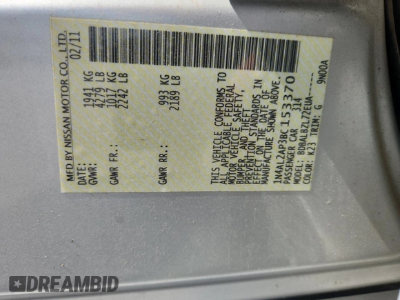 2011 Nissan Altima S with VIN 1N4AL2AP3BC153370, listed as a Copart auction lot 62464395 with 208,284 mi miles and Salvage title. Bid and sale history available at DreamBid. Image 12.