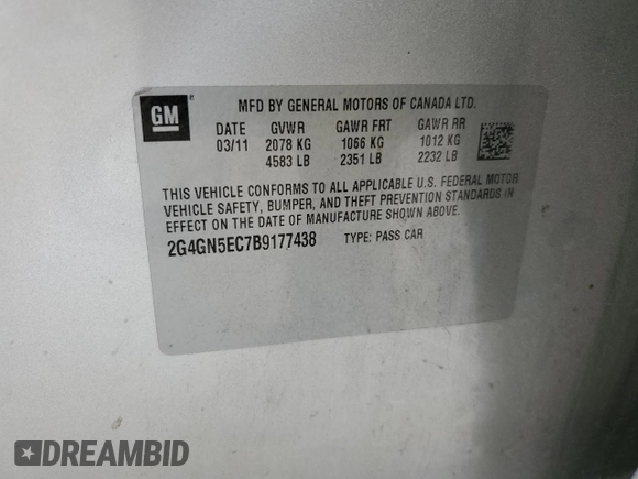 2011 Buick Regal CXL RL1 with VIN 2G4GN5EC7B9177438, listed as a Copart auction lot 51625705 with 113,695 mi miles and Salvage title. Bid and sale history available at DreamBid. Image 13.