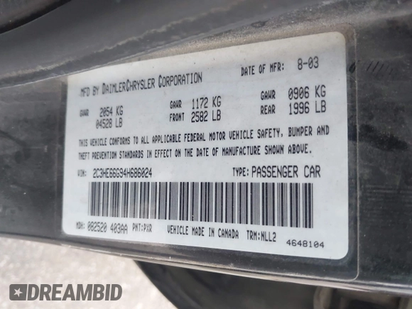 2004 Chrysler 300M M z VIN 2C3HE66G94H686024, wystawiony jako IAAI lot #42174229 z przebiegiem 150 628 mil mil oraz . Historia ofert i sprzedaży dostępna na DreamBid. Obrazek 9.