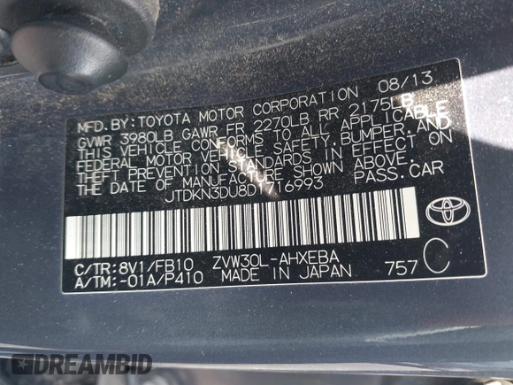 2013 Toyota Prius One with VIN JTDKN3DU8D1716993, listed as a IAAI auction lot 42202519 with 182,421 mi miles and . Bid and sale history available at DreamBid. Image 9.