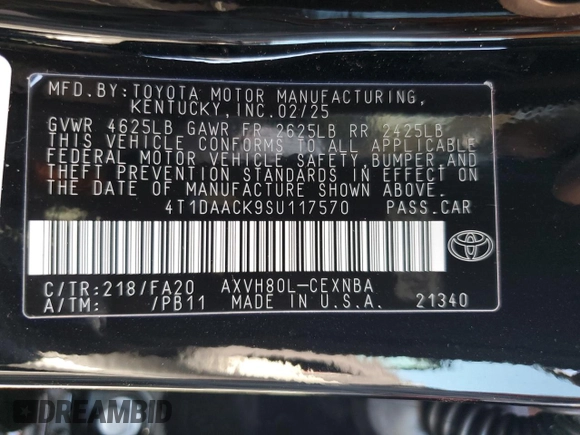 2025 Toyota Camry LE z VIN 4T1DAACK9SU117570, wystawiony jako Copart lot #54975145 z przebiegiem 2 385 mil mil oraz Szkoda całkowita • Salvage title. Historia ofert i sprzedaży dostępna na DreamBid. Obrazek 12.